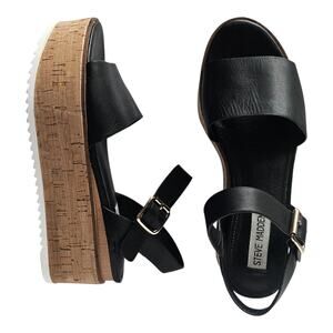 STEVE MADDEN Women's 7.5 M Corrina Sandals Black Leather Cork Platform Strappy